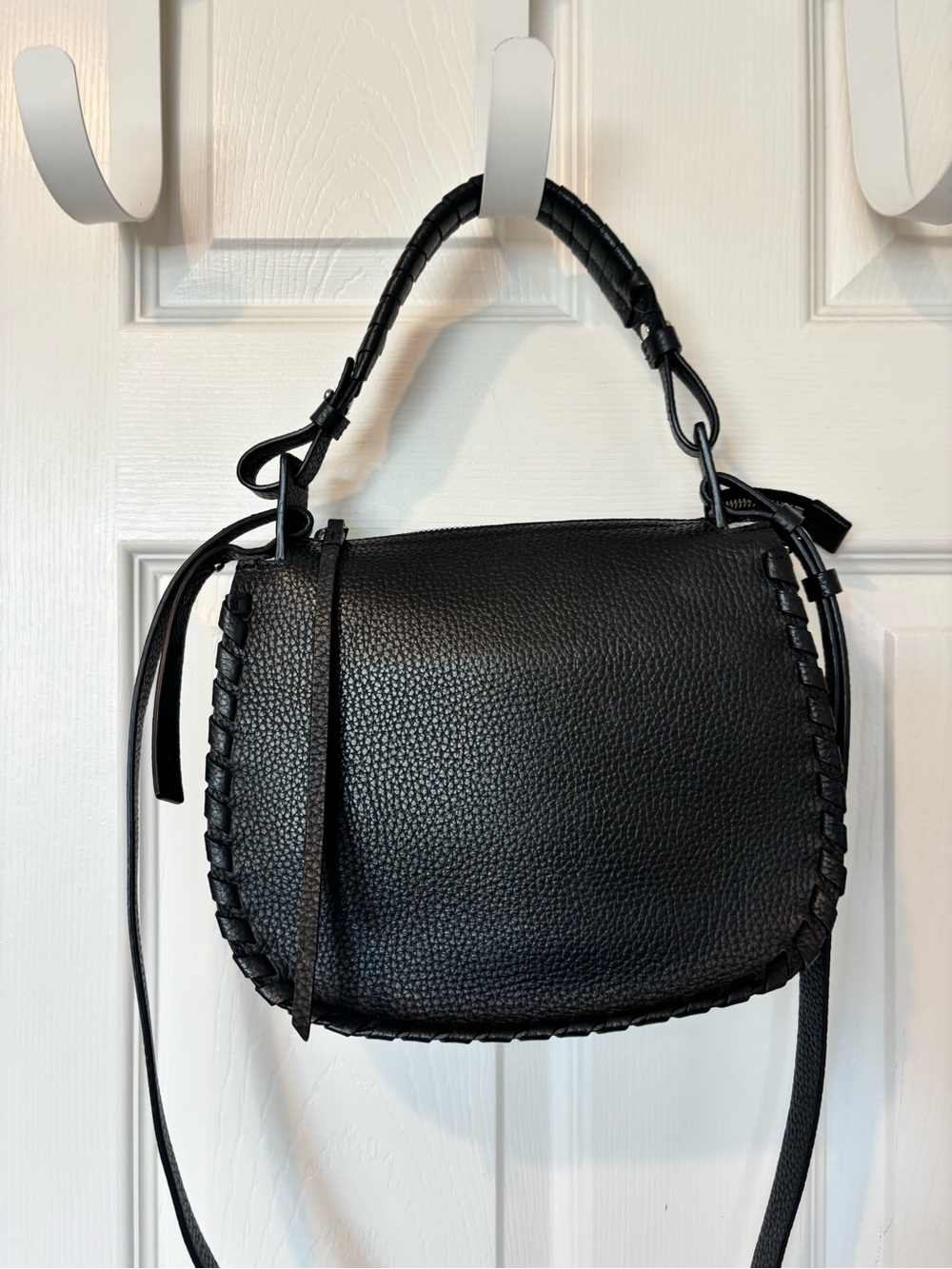 AllSaints Black Leather Shoulder Bag with Braided Edge